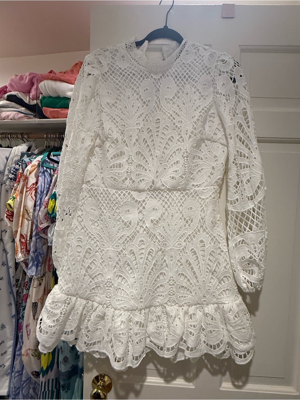 Aqua White Lace Long-Sleeve Mini Dress
